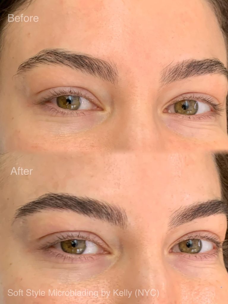 Close-up of a person's eyes showing a before and after comparison of eyebrow microblading and nanobrows. The after image reveals fuller, more defined eyebrows.