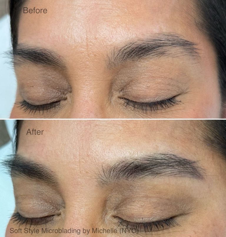 Close-up of a person's closed eyes showing eyebrows before and after microblading and nanobrows; the "after" image displays fuller, more defined brows.