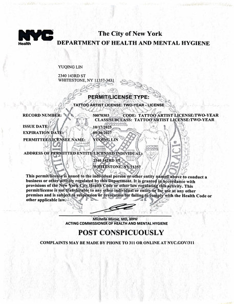 A New York City Department of Health and Mental Hygiene tattoo artist license permit issued to Yuong Lin, valid for two years, with details about the permit, Beauty Care and After care Tips, and display instructions.