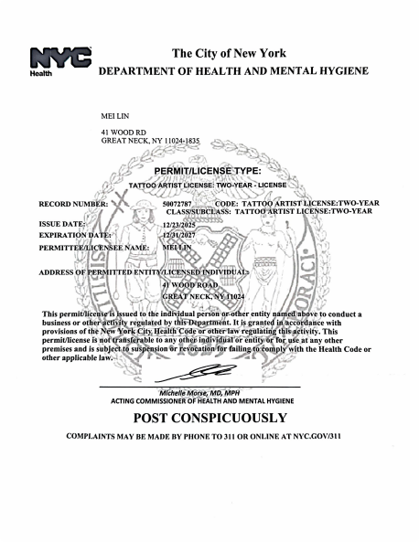 A New York City Department of Health and Mental Hygiene two-year tattoo artist license issued to Mei Lin, valid from 12/13/2023 to 12/13/2025, featuring official stamps, Beauty Care and After care Tips, and detailed instructions.