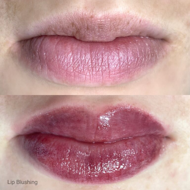 Close-up of lips before (top) and after (bottom) a lip blushing procedure, showing a noticeable increase in color and definition.