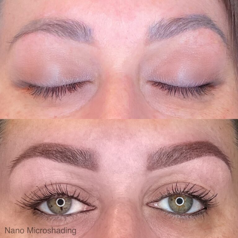 Close-up of a person's eyebrows before and after nano microshading, showing sparse brows above and fuller, defined brows below.