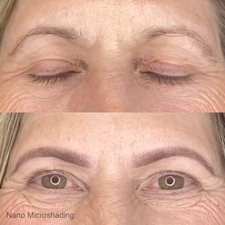 Close-up before-and-after photo showing a person's eyebrows; top image with sparse eyebrows, bottom image with filled-in, defined brows labeled "Nano Microshading.