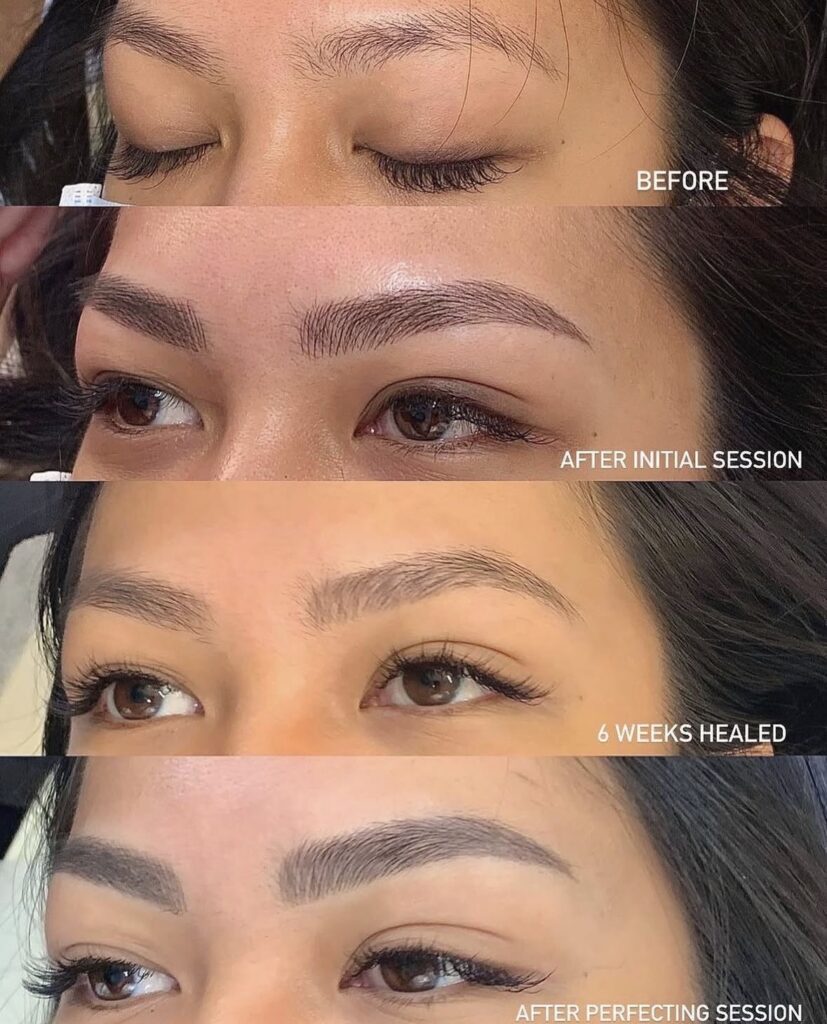Four panels show eyebrow transformation after microblading: natural brows before, after initial session, healed after 6 weeks, and final look after perfecting session.