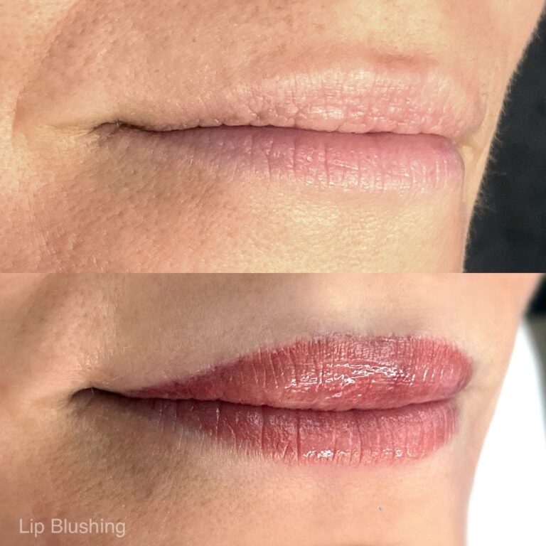 Close-up of lips before and after lip blushing; the top image shows natural lips, while the bottom shows enhanced color and shine.