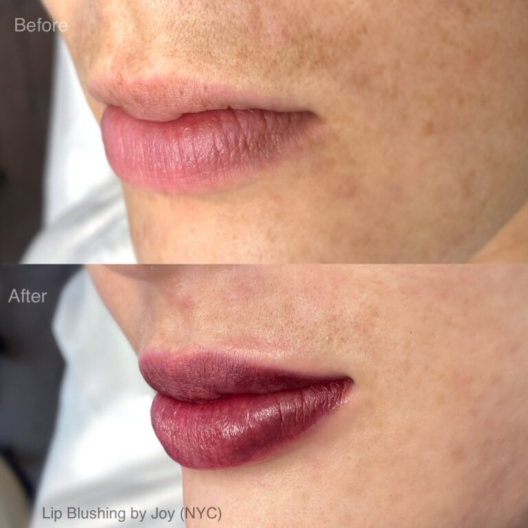 Side-by-side comparison of lips before and after lip blushing, showing natural lips above and enhanced, darker colored lips below.