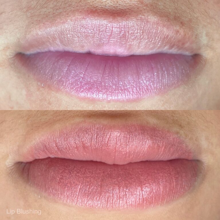 Close-up of lips before (top) and after (bottom) a lip blushing treatment, showing increased color and definition in the lower image.